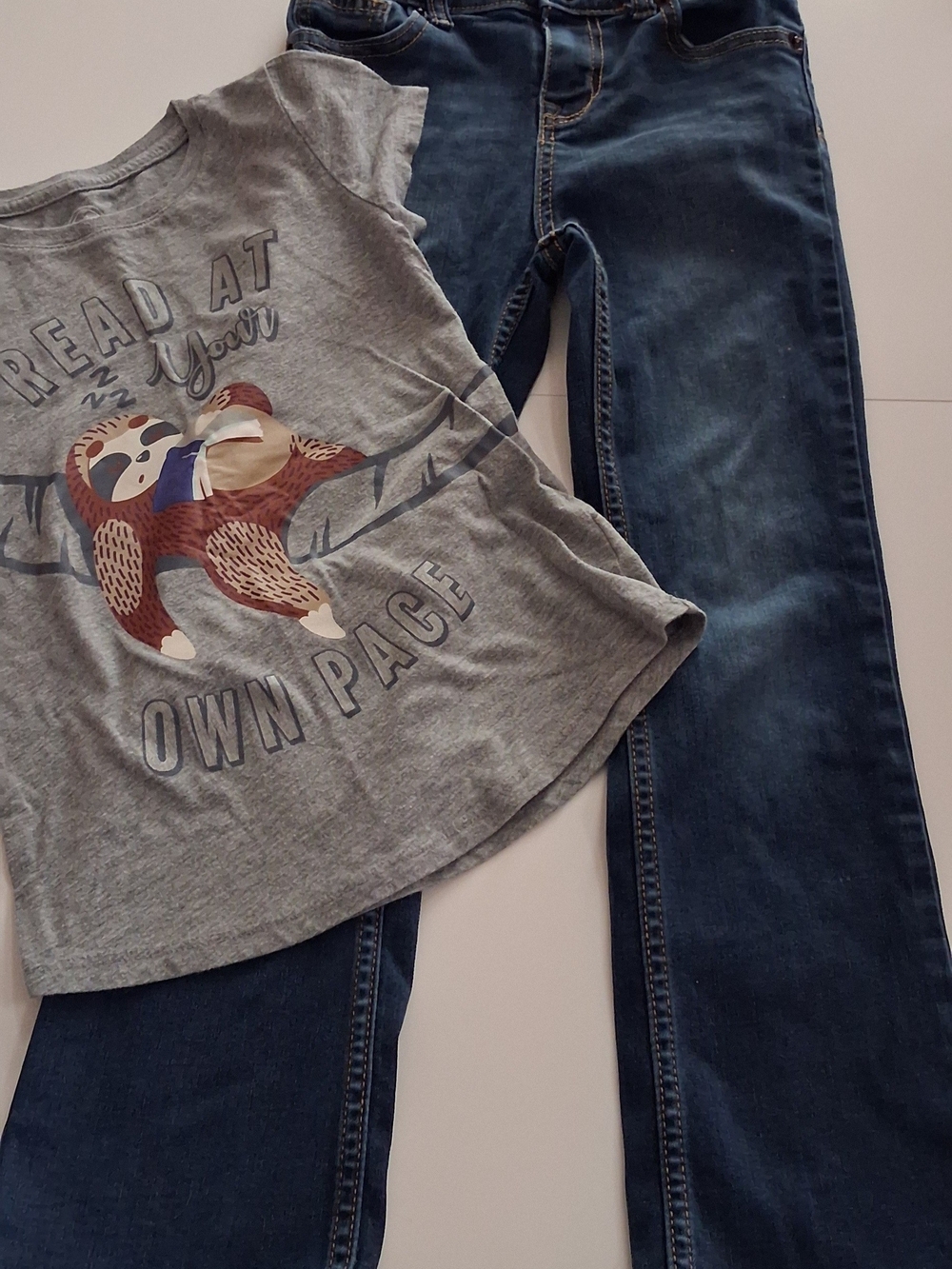 Girls Classic Blue Jeans - Dark Wash With Sloth Tshirt
